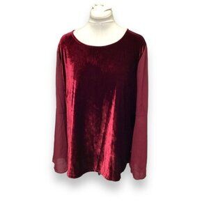 Faded Glory Women’s Long Sleeve Velour Front Blouse, Merlot Wine, size XL